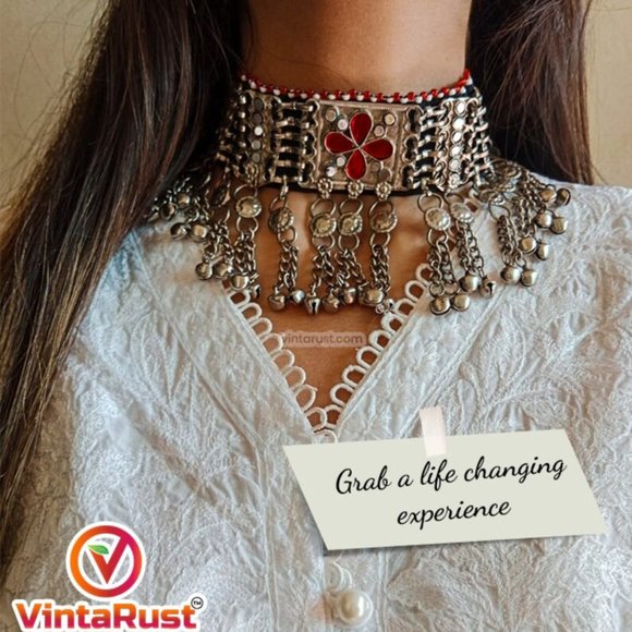 Tribal Glass Stones Choker Necklace With Dangling Tassels, Silver Kuchi Choker - Picture 2 of 8